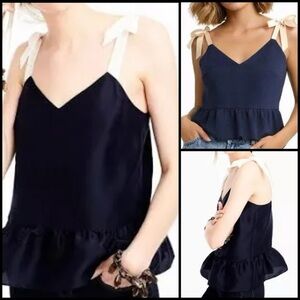 J.Crew Silk  Navy Cream Camisole Tie Shoulder Coquette Preppy Y2K Peplum Top 6